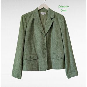 Coldwater Creek Green Linen Blend Blazer Button Front Tailored Lined